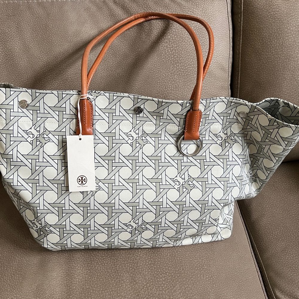 Tory Burch Cream Patterned Tote with Tan Handles